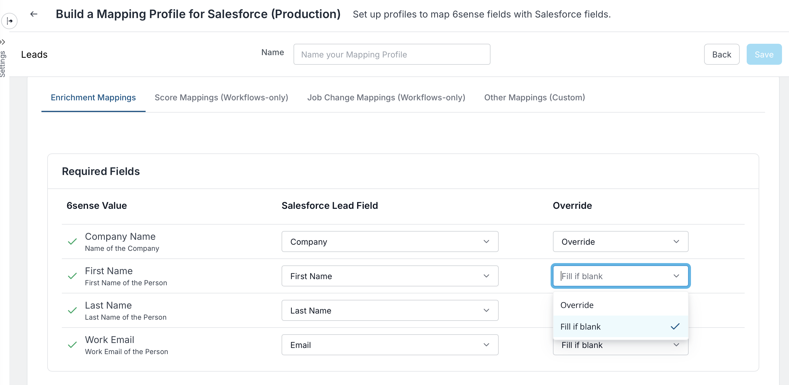 Mapping profile setup for Salesforce with required fields and options for overrides.